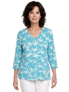 Anthony's Resort Wear Blue Palm Print UPF 50+ V-neck Top Size XL